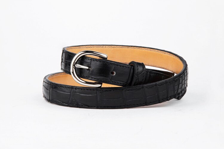 Black Crocodile Leather Belt, Round Silver Buckle