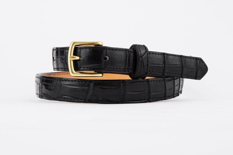 Black Crocodile Leather Belt, Square Brass Buckle