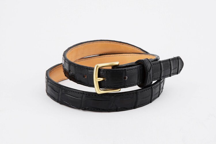 Black Crocodile Leather Belt, Square Brass Buckle