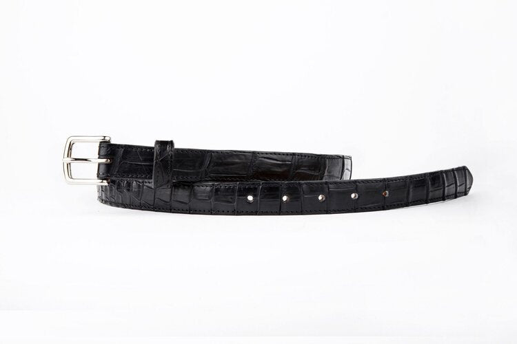Black Crocodile Leather Belt, Square Silver Buckle