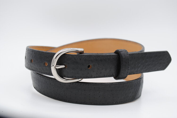 Black Emu Leather Belt, Round Silver Buckle