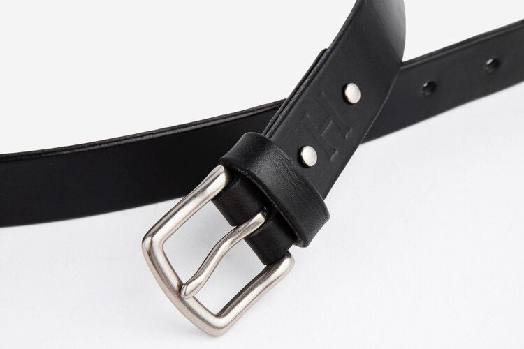 Black Leather Belt, Square Matte Silver Buckle