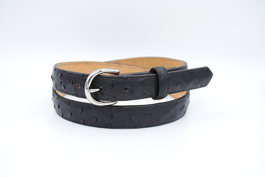 Black Ostrich Leather Belt, Round Buckle