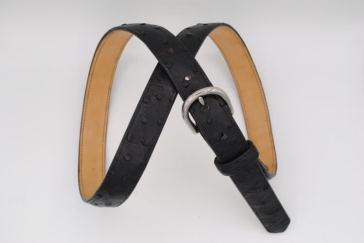 Black Ostrich Leather Belt, Round Buckle