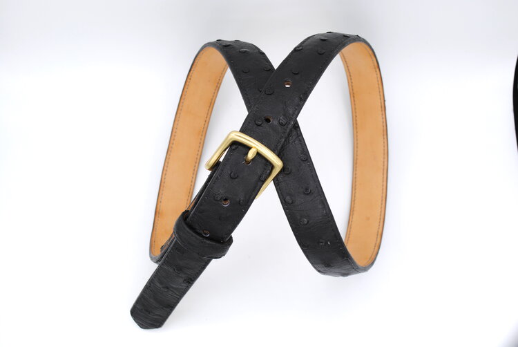 Black Ostrich Leather Belt, Square Buckle