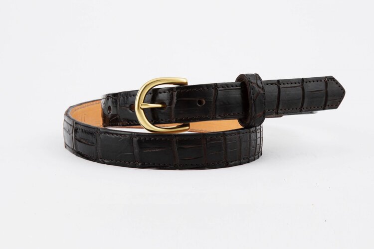 Brown Crocodile Leather Belt, Round Brass Buckle