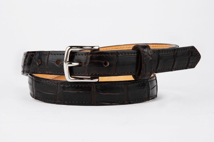 Brown Crocodile Leather Belt, Square Silver Buckle