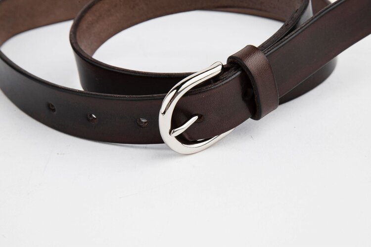 Chocolate Brown Leather Belt, Round Silver Buckle