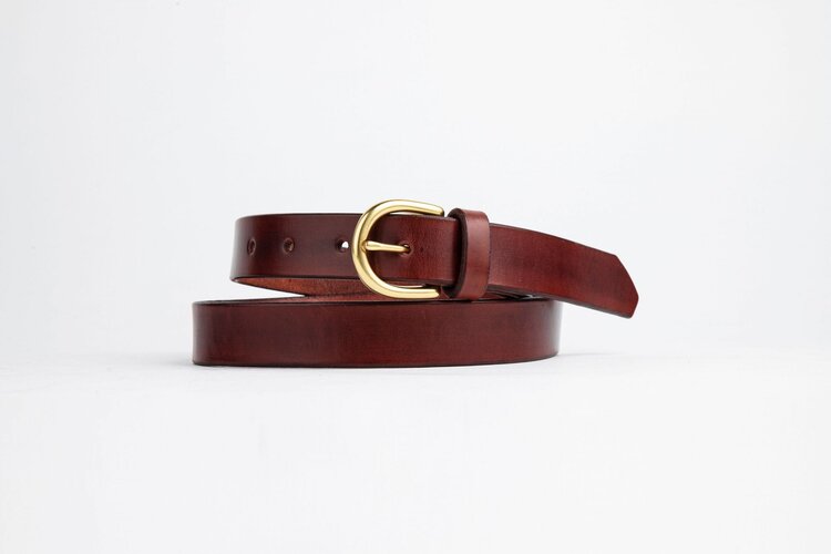 Dark Brown Leather Belt, Round Brass Buckle