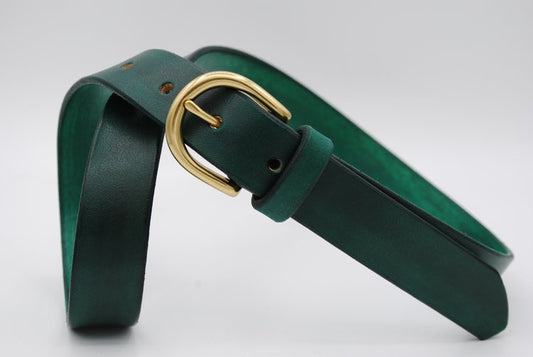 Green Leather Belt, Round Brass Buckle
