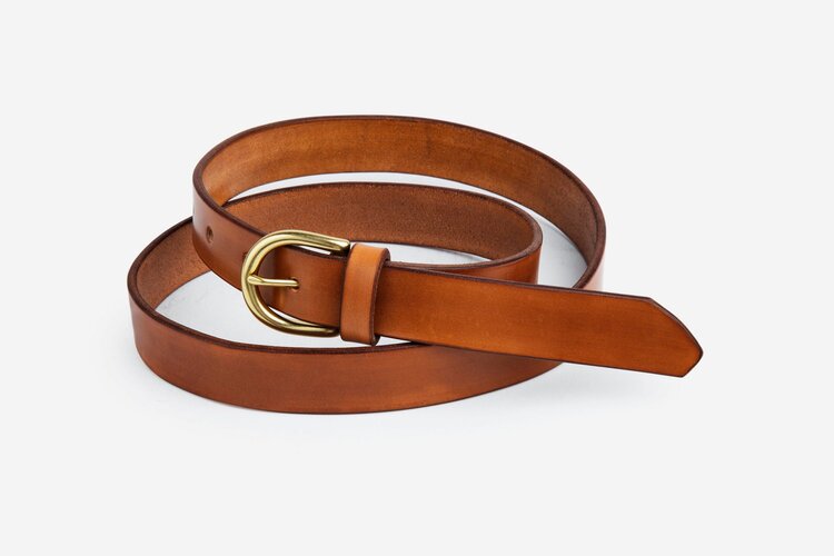Tan Leather Belt, Round Brass Buckle