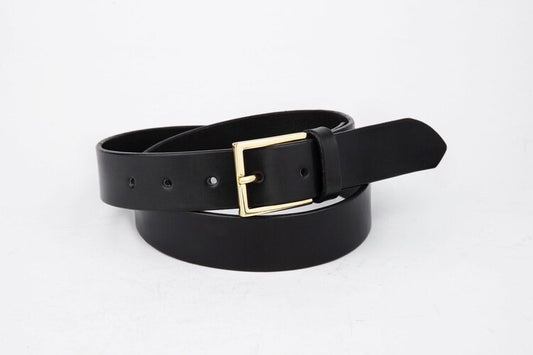 Black Leather Belt, Brass Dress Buckle