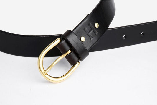 Black Leather Belt, Round Brass Buckle