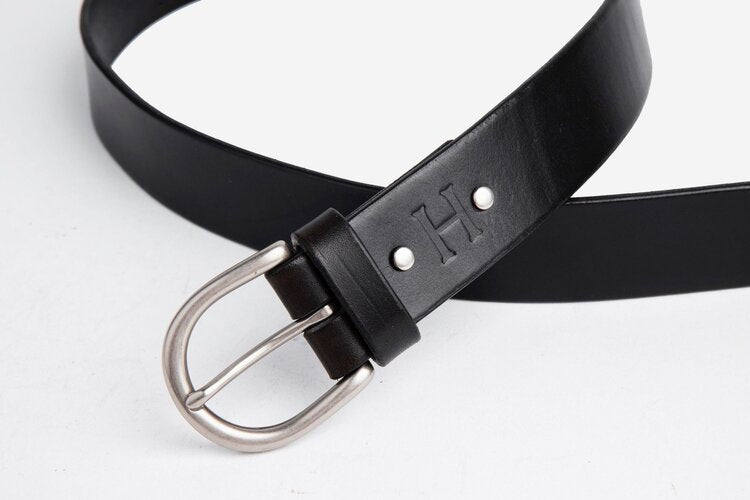 Black Leather Belt, Round Matte Silver Buckle