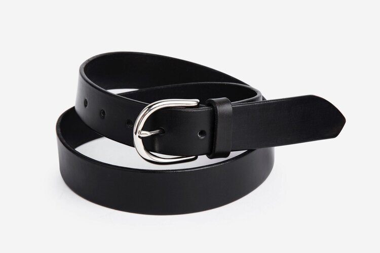 Black Leather Belt, Round Silver Buckle