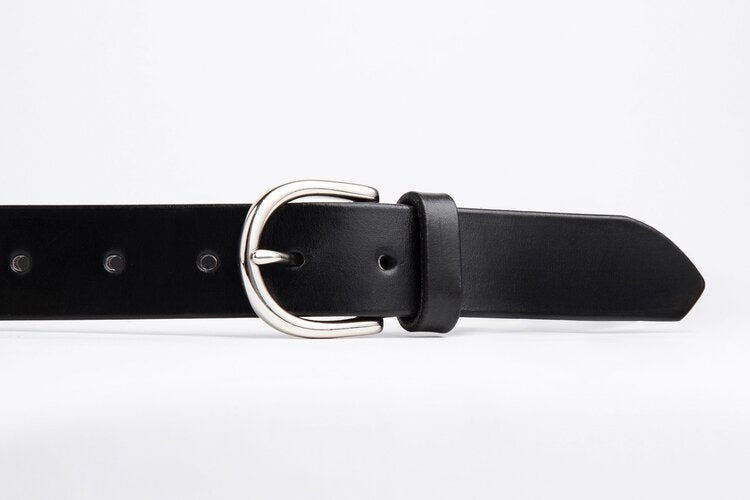 Black Leather Belt, Round Silver Buckle