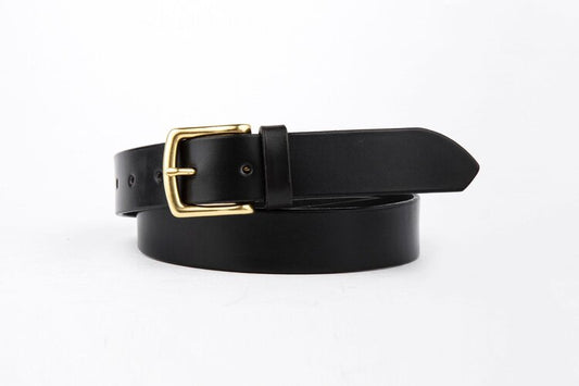 Black Leather Belt, Square Brass Buckle