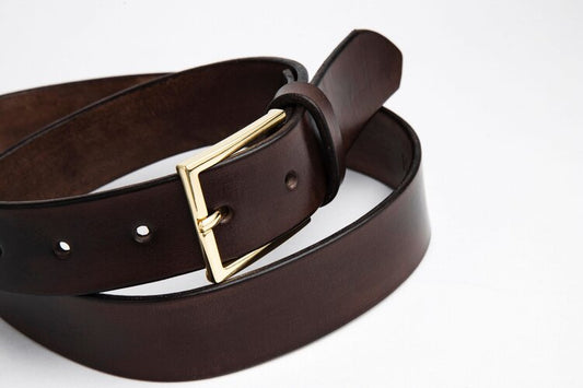 Chocolate Brown Leather Belt, Brass Dress Buckle