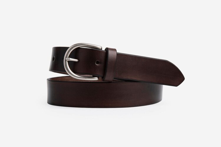 Chocolate Brown Leather Belt, Round Matte Silver Buckle