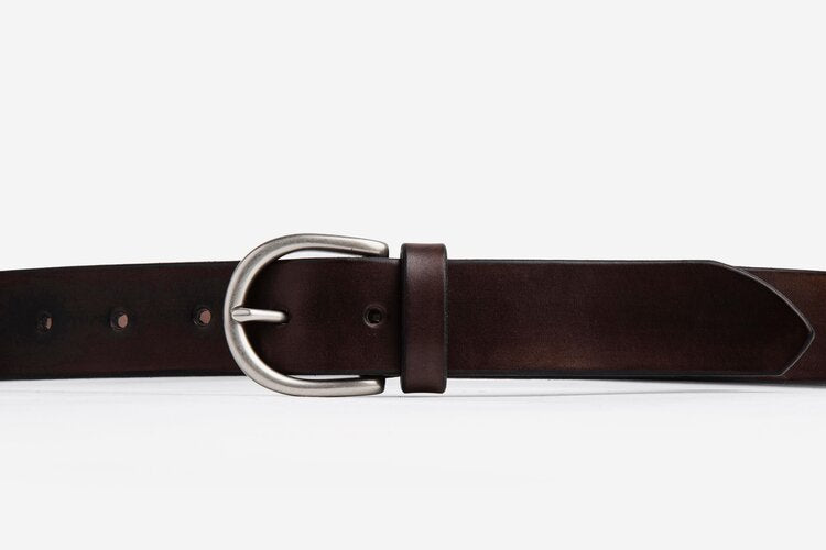 Chocolate Brown Leather Belt, Round Matte Silver Buckle