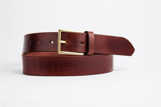 Dark Brown Leather Belt, Brass Dress Buckle