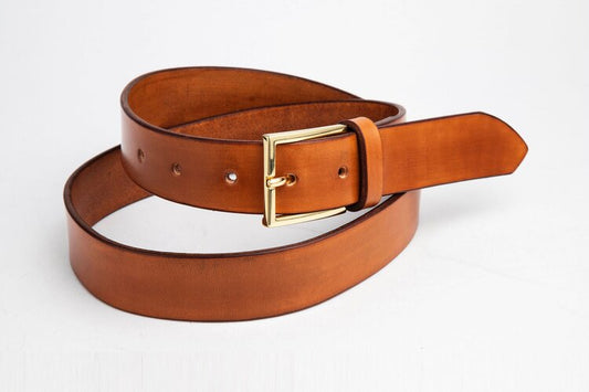 Tan Leather Belt, Brass Dress Buckle