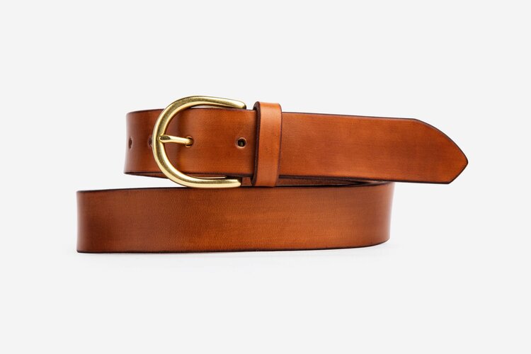 Thin Brass Belt with Brown Leather Strap - Handmade in London buy - Brushed Brass Buckle