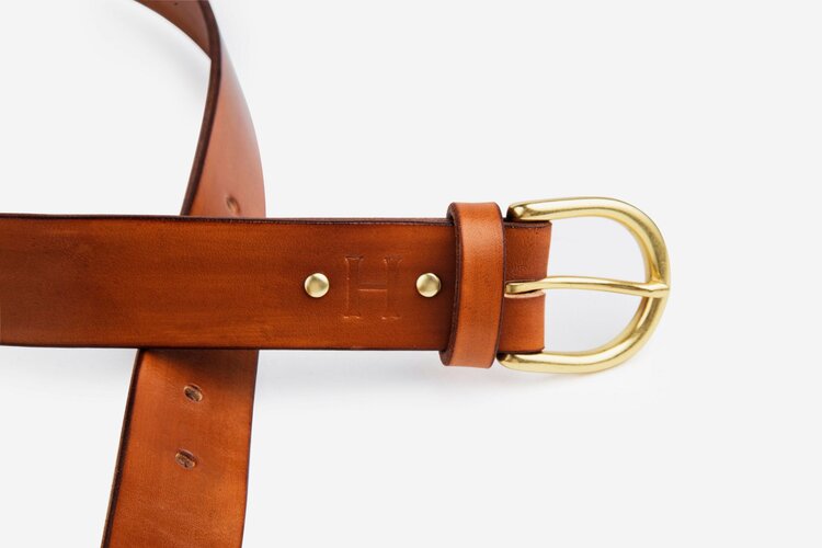 Tan Leather Belt, Round Brass Buckle