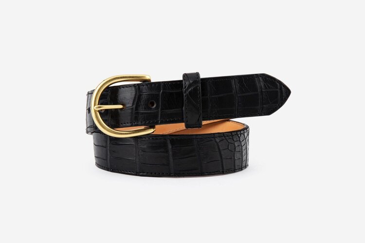 Black Crocodile Leather Belt, Round Brass Buckle
