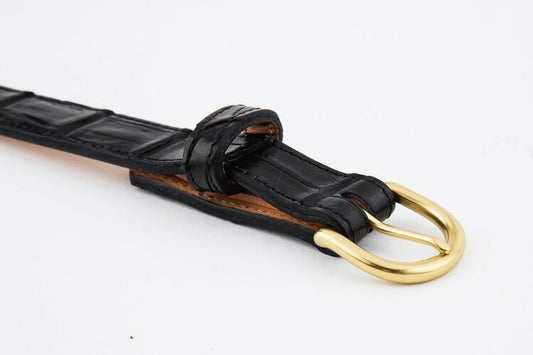 Black Crocodile Leather Belt, Round Brass Buckle