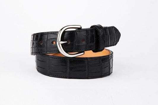 Black Crocodile Leather Belt, Round Sliver Buckle