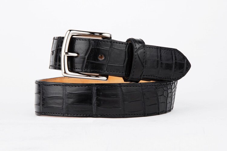 Black Crocodile Leather Belt, Square Silver Buckle
