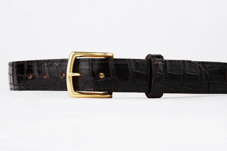 Brown Crocodile Leather Belt, Square Brass Buckle