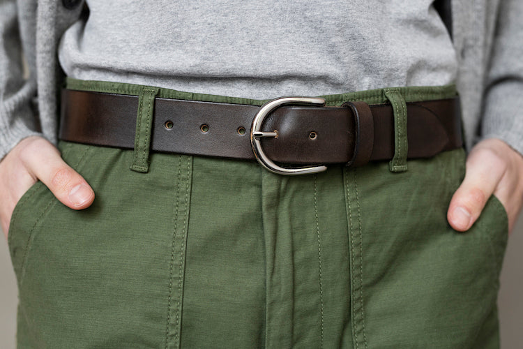 Chocolate Brown Leather Belt, Round Silver Buckle