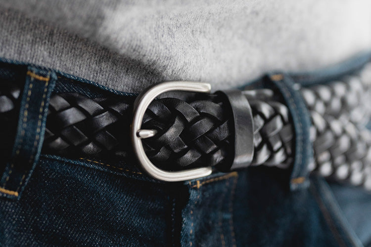 Black Braided Leather Belt, Round Buckle