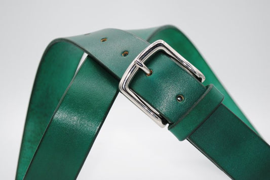 Green Leather Belt, Square Silver Buckle