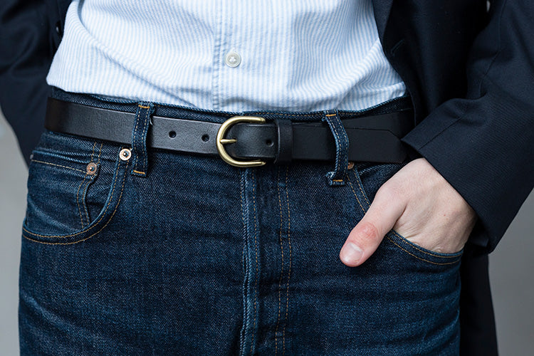 Black Leather Belt, Round Brass Buckle