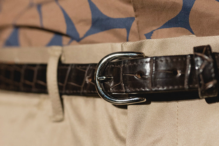 Brown Crocodile Leather Belt, Round Silver Buckle