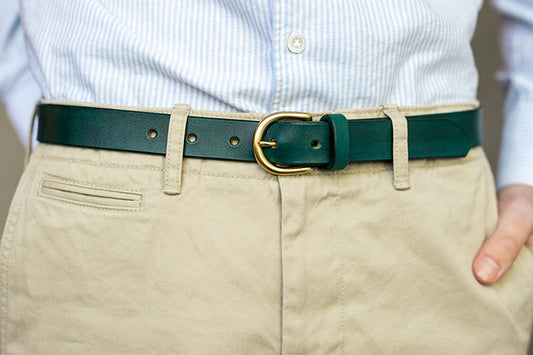 Green Leather Belt, Round Brass Buckle