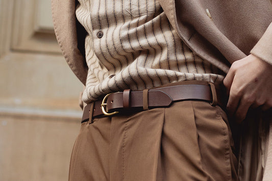 Dark Brown Leather Belt, Round Brass Buckle