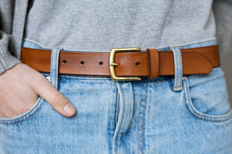 Tan Leather Belt, Square Brass Buckle